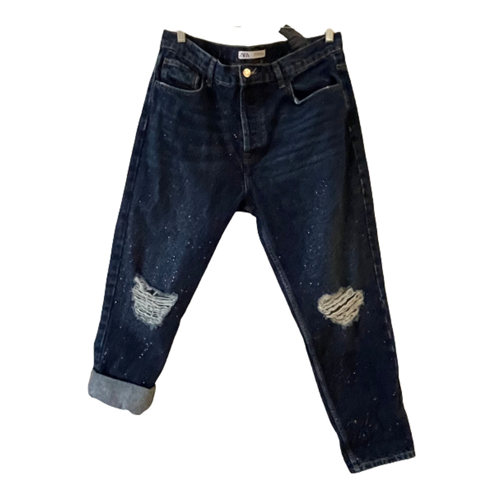 Zara Size 34 Women Rhinestone Studded Jeans Distressed Slim Fit Cuffed Dark Wash